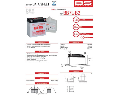 АКУМУЛЯТОР BS 2025/12 BB7L-B (YB7L-B) (12N7-3B) (YB7L-B2) 12V 8,4AH 135X75X133 ОБСЛУГОВУВАЛЬНИЙ - ЕЛЕКТРОЛІТ ОКРЕМО (85A) (6) UE2019/1148 - ЗАМІНЮЄ 310594