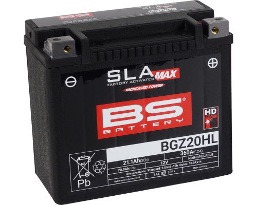 АКУМУЛЯТОР BS 2025/12 BGZ20HL MAX (FA) (YTX20HL,YTX20L-BS,YTX20HL-BS,YB18L-A) 12V 20AH 176X89X154 НЕ ПОТРЕБУЄ ОБСЛУГОВУВАННЯ - ЗАЛИВНЕНИЙ (ЗБІЛЬШЕНИЙ ПУСКОВИЙ СТРУМ) (360A) (HARLEY-DAVIDSON) (2) - ЗАМІНЮЄ 300883, 300857 ТА 300934
