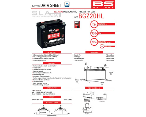АКУМУЛЯТОР BS 2025/12 BGZ20HL MAX (FA) (YTX20HL,YTX20L-BS,YTX20HL-BS,YB18L-A) 12V 20AH 176X89X154 НЕ ПОТРЕБУЄ ОБСЛУГОВУВАННЯ - ЗАЛИВНЕНИЙ (ЗБІЛЬШЕНИЙ ПУСКОВИЙ СТРУМ) (360A) (HARLEY-DAVIDSON) (2) - ЗАМІНЮЄ 300883, 300857 ТА 300934