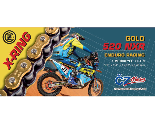 Привідний ланцюг CZ 2025/12 520 NXR (122 ланки) з активним кільцем (X-RING) GOLD ENDURO RACING до 600 куб. см (вузький 15.875 x 6.48 мм) (35.1 вузлів) + затискач