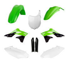 КОМПЛЕКТ ПЛАСТИКУ POLISPORT (ПОВНИЙ) KAWASAKI KX 250F '13-'16 W ВКЛЮЧАЄ ПЕРЕДНЮ ПЛАСТИНУ (8659200003) ТА КРИШКИ АМОРТИЗАТОРІВ (8351800002) КОЛІР ЗЕЛЕНИЙ БІЛИЙ ЧОРНИЙ OEM
