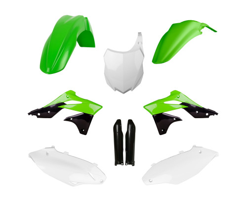 КОМПЛЕКТ ПЛАСТИКУ POLISPORT (ПОВНИЙ) KAWASAKI KX 250F '13-'16 W ВКЛЮЧАЄ ПЕРЕДНЮ ПЛАСТИНУ (8659200003) ТА КРИШКИ АМОРТИЗАТОРІВ (8351800002) КОЛІР ЗЕЛЕНИЙ БІЛИЙ ЧОРНИЙ OEM