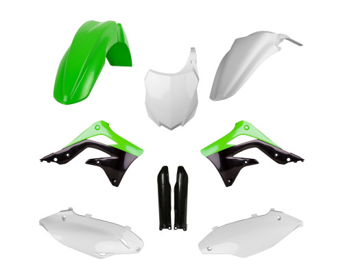 КОМПЛЕКТ ПЛАСТИКУ POLISPORT (ПОВНИЙ) KAWASAKI KX 450F '13-'15 W ВКЛЮЧАЄ ПЕРЕДНЮ ПЛАСТИНУ (8659200002) ТА ЗЕЛЕНІ КРИШКИ АМОРТИЗАТОРІВ (8351800002)