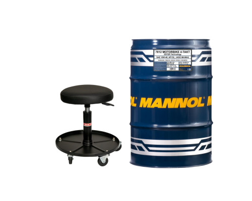 Моторна олива MANNOL для мотоциклів 4T 10W40, бочка 208 л, ефірна + MA2 синтетична (7812) (API SN), промо-набір з бочки 208 л та стільцем для майстерні BIKETEC