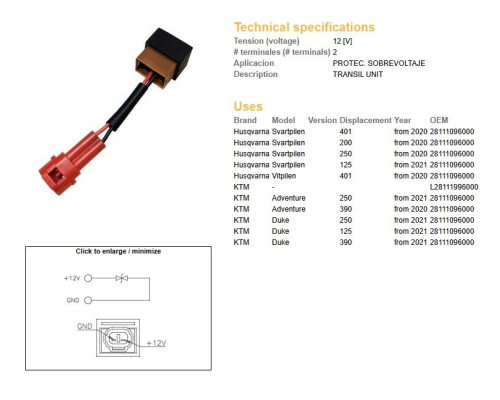 DZE UNIT TRANSIL HUSQVARNA 125/200/250/401 SVARTPILEN '20-; KTM 125/250/390 DUKE/ADVENTURE '20- (TRANSIL)(OEM 28111096000)