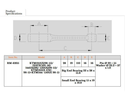 ШАТУН ROYAL RODS № TR15 № 125 SX '98-'15, BETA RR 125 '18-'25