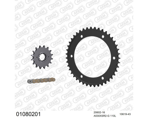 AFAM 2026/04 ZESTAW (KOMPLET) NAPĘDOWY HONDA VFR 800 V-TEC 2002-2013 (20602-16, 10619-43, A530XSR2-G 110L) KOLOR ZŁOTY