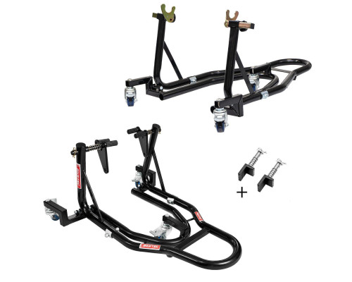 BIKETEC PRO ZESTAW PODNOŚNIKÓW / STOJAKÓW MOTOCYKLOWYCH (PRZÓD/TYŁ) TYP-V / TYP-L KOLOR CZARNY (MOŻLIWOŚC ŁATWEGO PRZESTAWIENIA MOTOCYKLA)